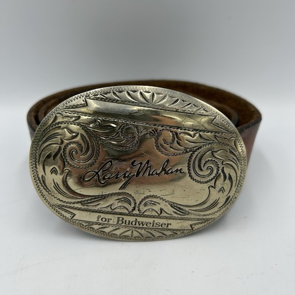 Larry Mahan Budweiser Leather belt large buckle Size 36 Vintage Hand Stained - Picture 1 of 6